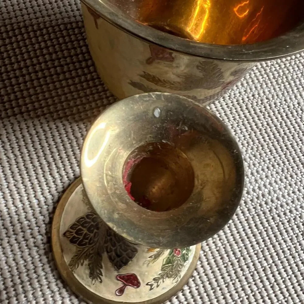 Vintage Brass Candle Holder & Bowl Set Christmas Enamel Made in India Holiday De